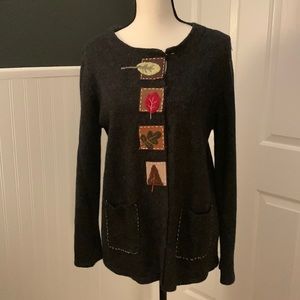Curio Women's Black Cardigan Sweater with Leaf Accents